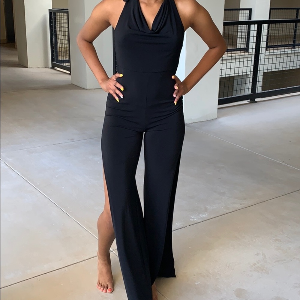 Black semi backless high side slits jumpsuit